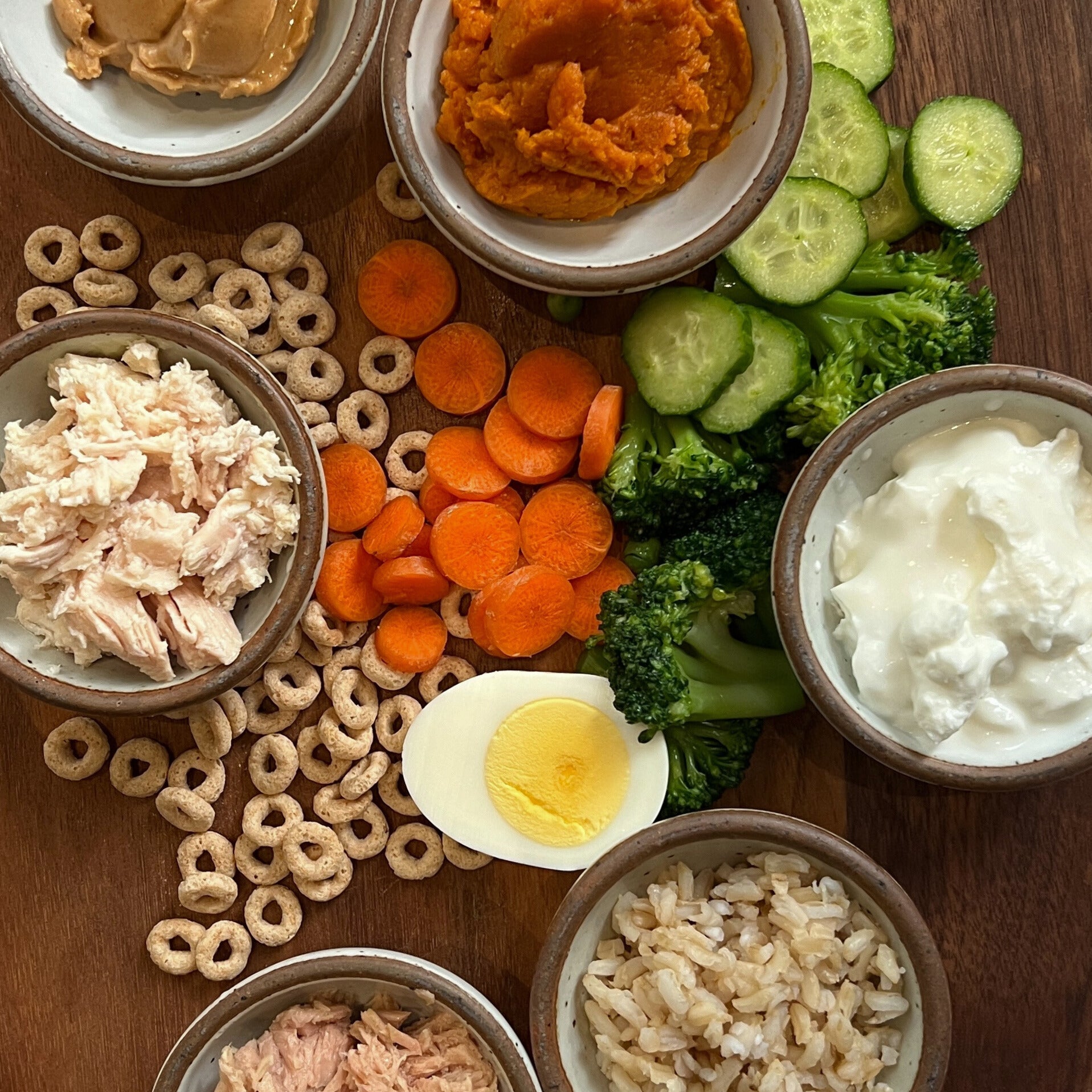 An arrangement of shredded chicken, cheerios, carrot slices, cucumber slices, boiled egg, yogurt, broccoli, brown rice and pumpkin puree on a wooden background