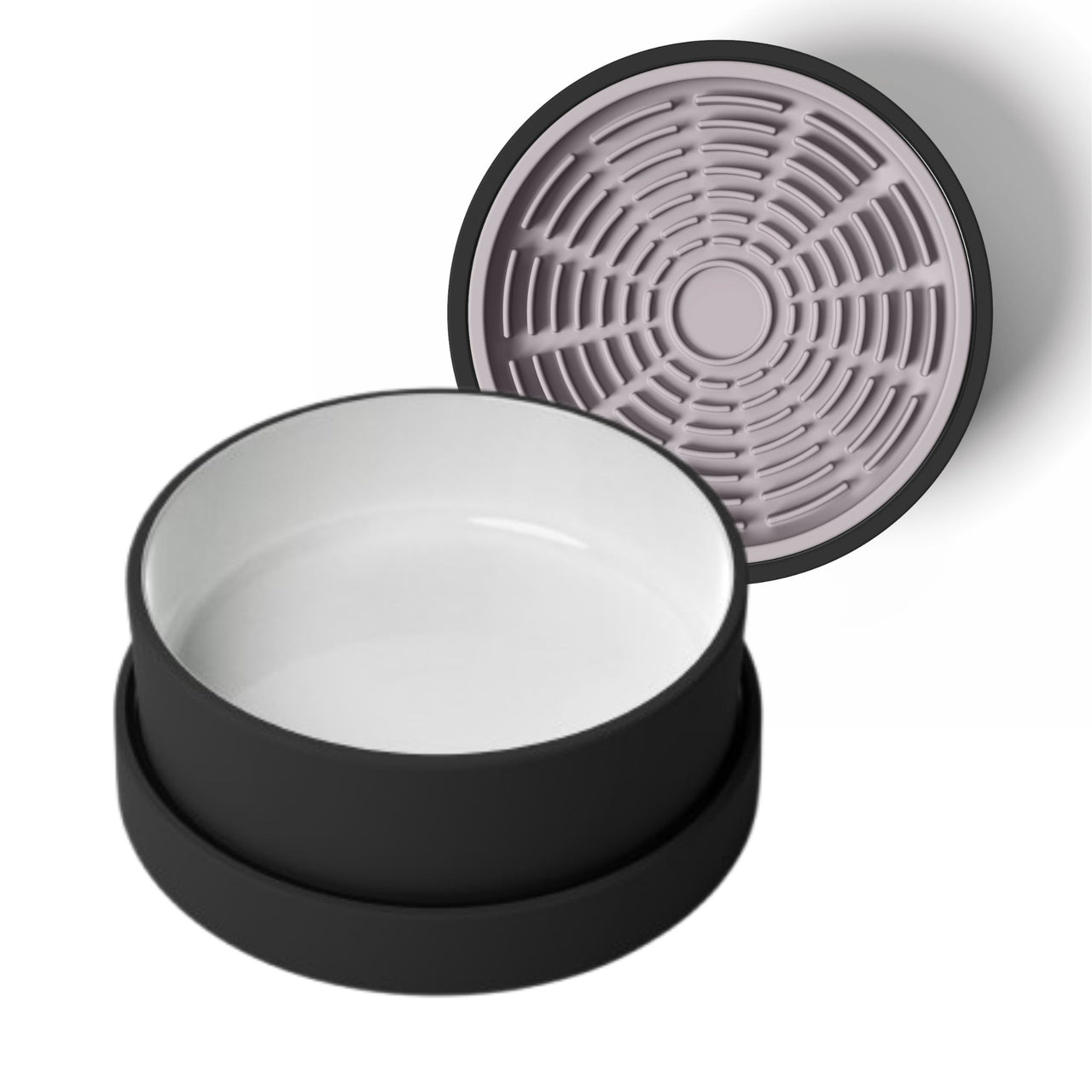Modern black and white ceramic food bowl for dogs and cats with lavender silicone lick mat