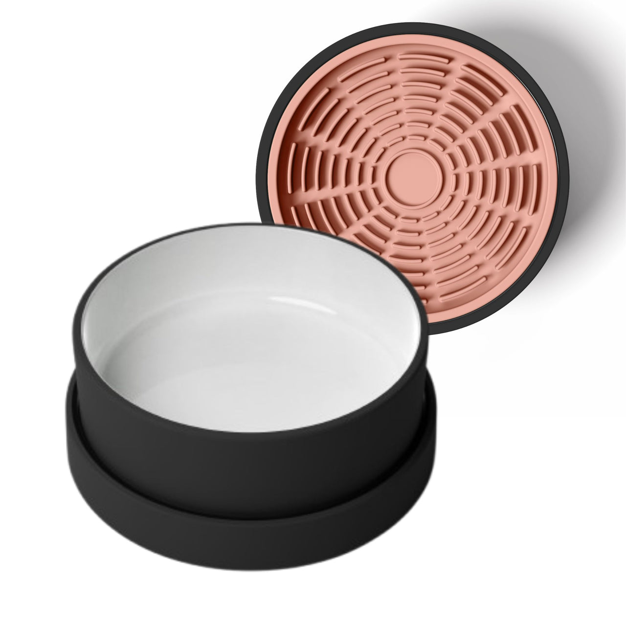 Modern black and white ceramic food bowl for dogs and cats with coral pink silicone lick mat