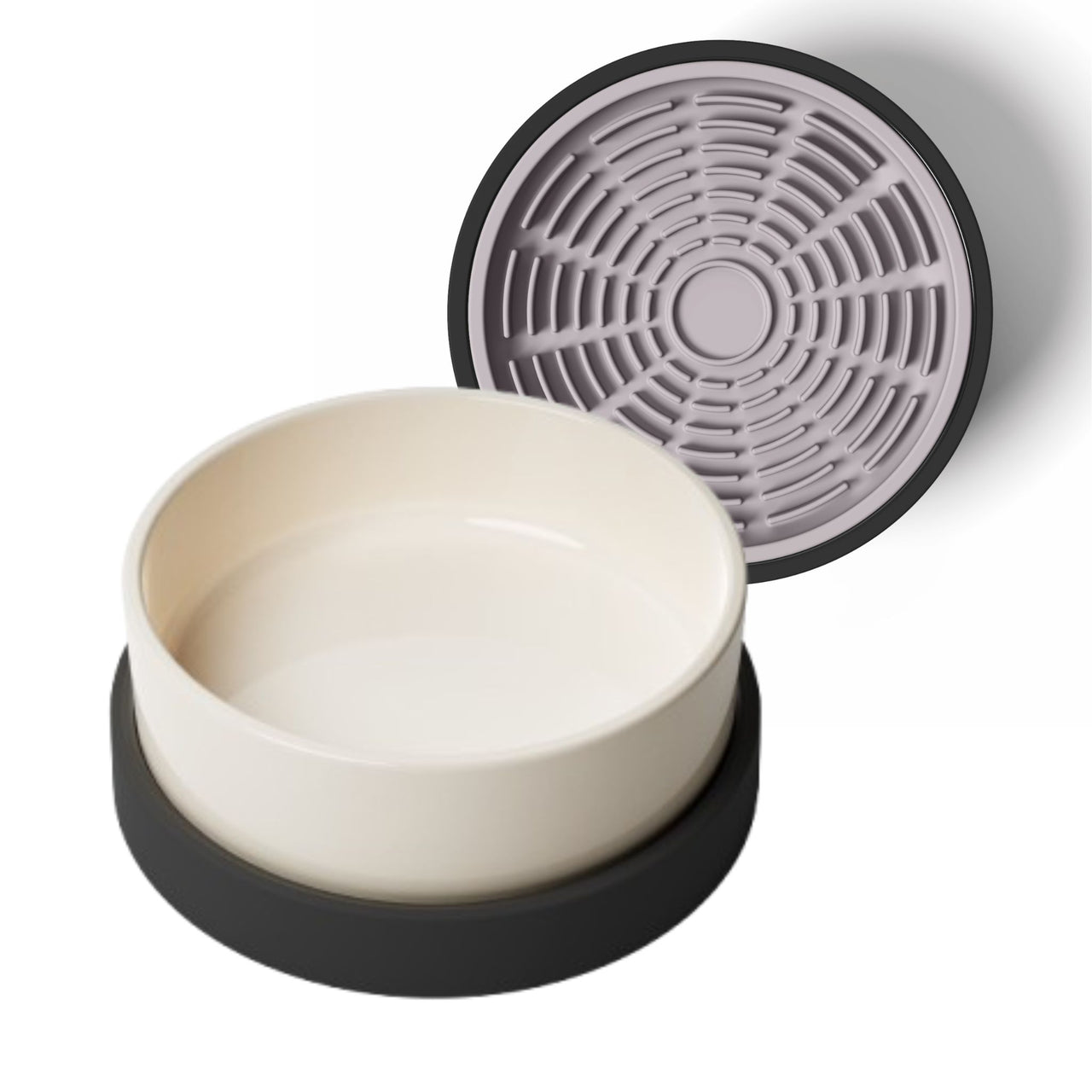 Modern white and black ceramic food bowl for dogs and cats with lavender silicone lick mat