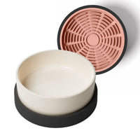 Thumbnail for Modern white and black ceramic food bowl for dogs and cats with coral pink silicone lick mat