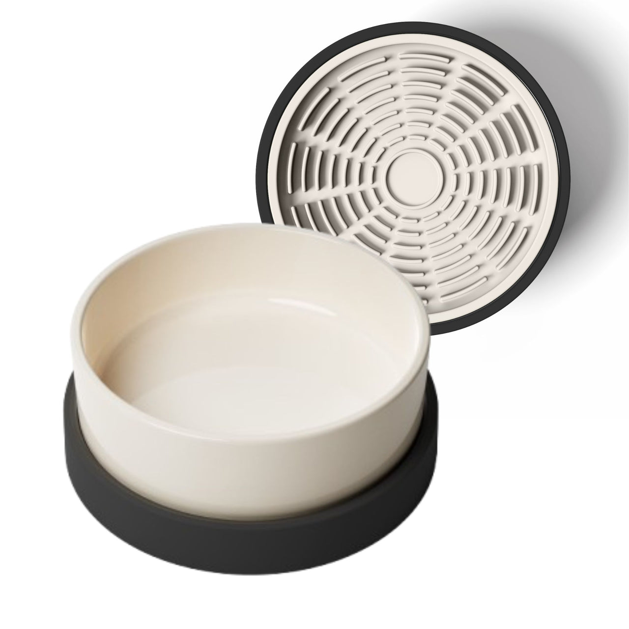 Modern white and black ceramic food bowl for dogs and cats with tan silicone lick mat