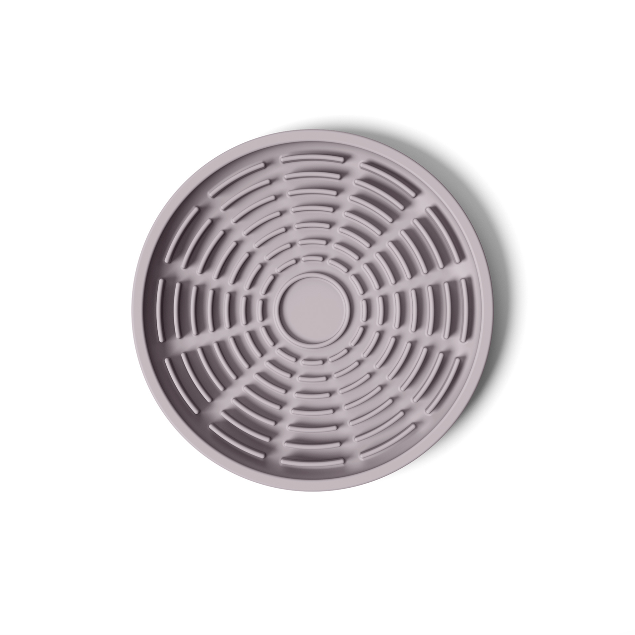 Circular modern lavender silicone lick mat designed for use with ceramic bowl for dogs and cats