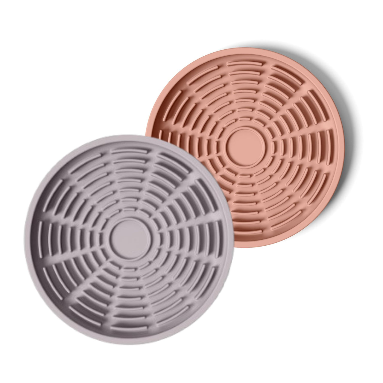 Circular modern lavender and coral pink silicone lick mats designed for use with ceramic bowl for dogs and cats