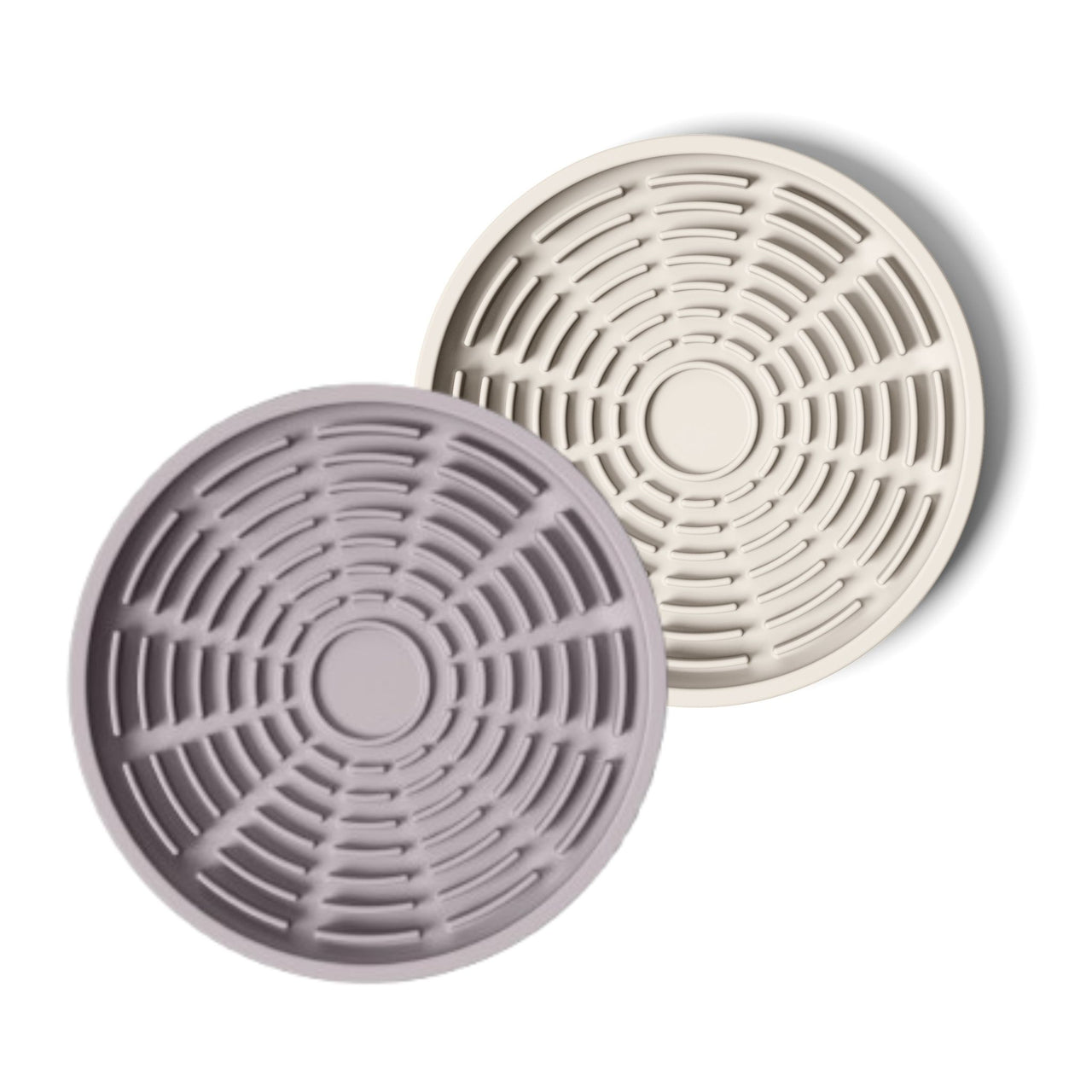 Circular modern lavender and tan silicone lick mats designed for use with ceramic bowl for dogs and cats