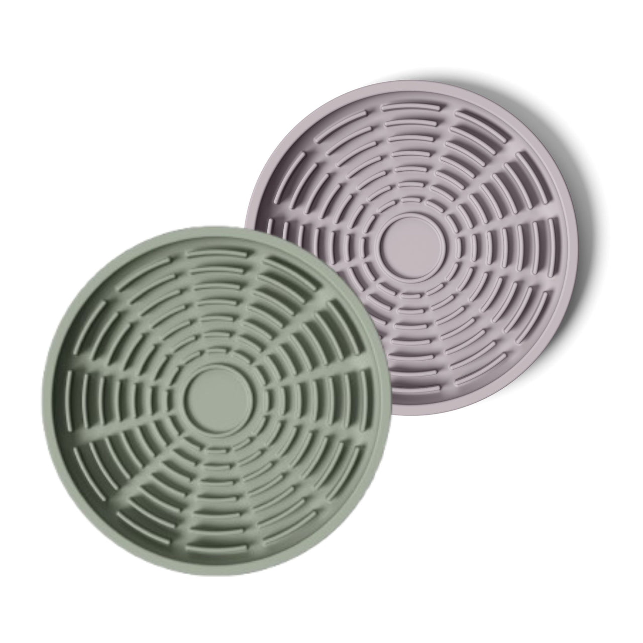 Circular modern green and lavender silicone lick mats designed for use with ceramic bowl for dogs and cats
