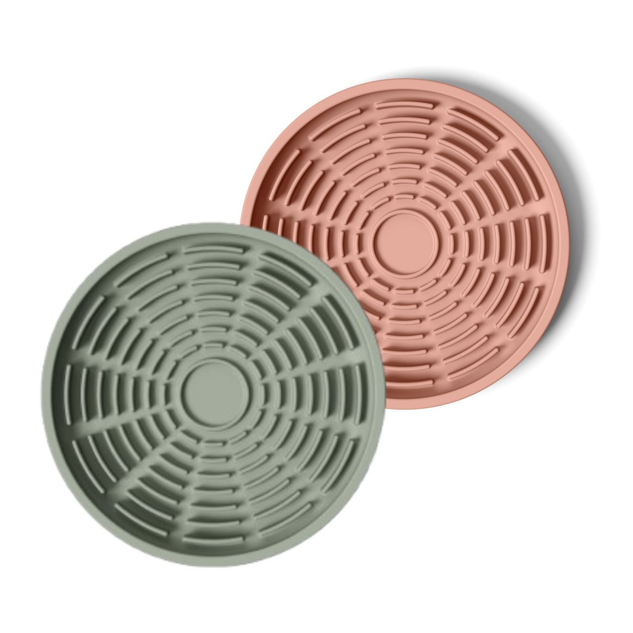 Circular modern green and coral pink silicone lick mats designed for use with ceramic bowl for dogs and cats
