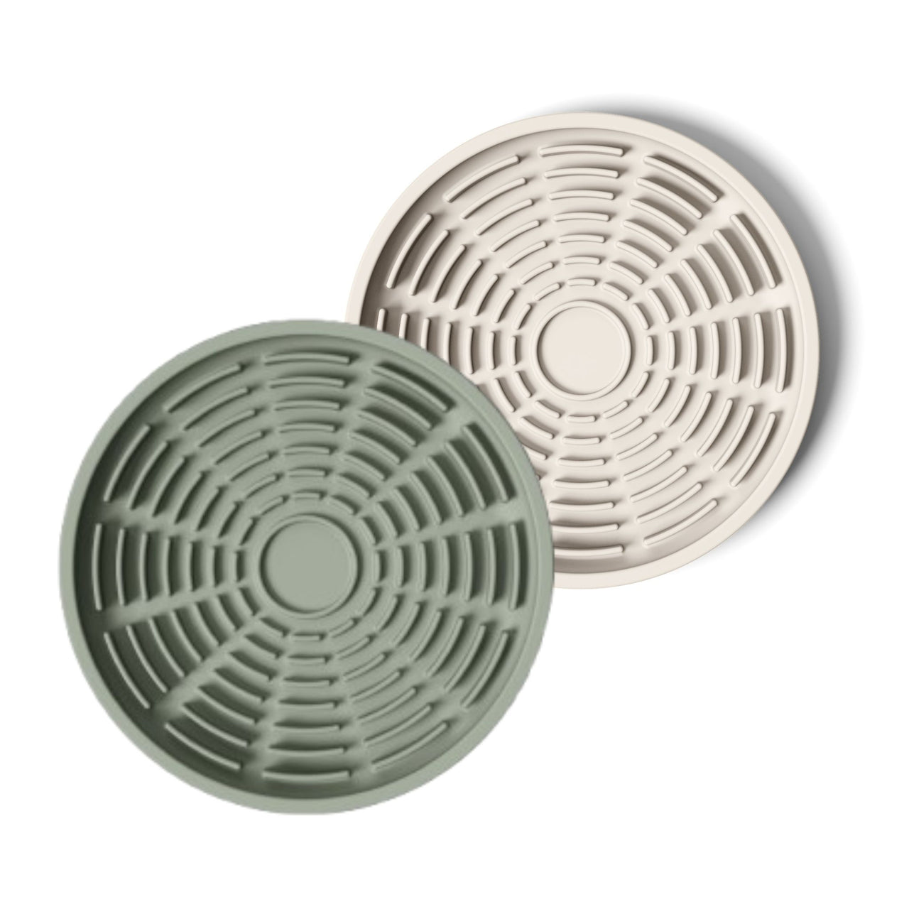 Circular modern green and tan silicone lick mats designed for use with ceramic bowl for dogs and cats