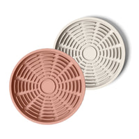 Thumbnail for Circular modern coral pink and white silicone lick mats designed for use with ceramic bowl for dogs and cats