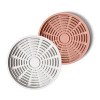 Thumbnail for Circular modern white and coral pink silicone lick mats designed for use with ceramic bowl for dogs and cats