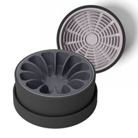 Thumbnail for Modern black ceramic bowl for dogs and cats with gray silicone slow feeder and lavender silicone lick mat