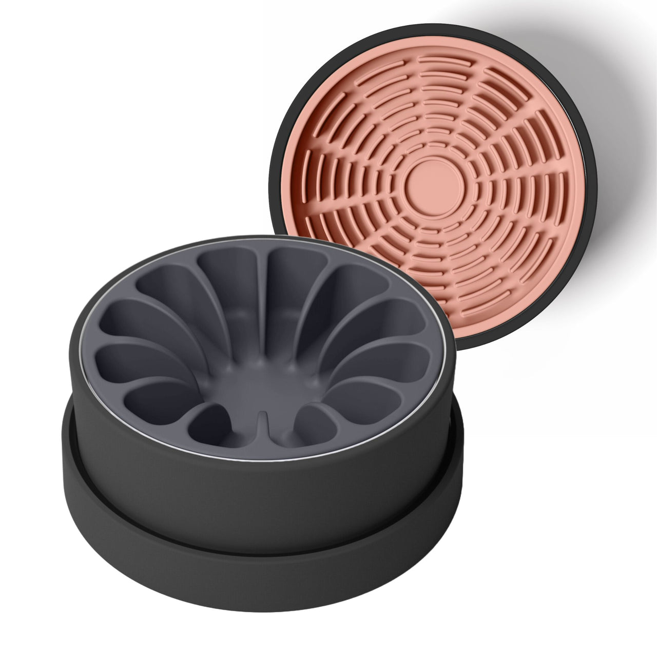 Modern black ceramic bowl for dogs and cats with gray silicone slow feeder and coral pink silicone lick mat