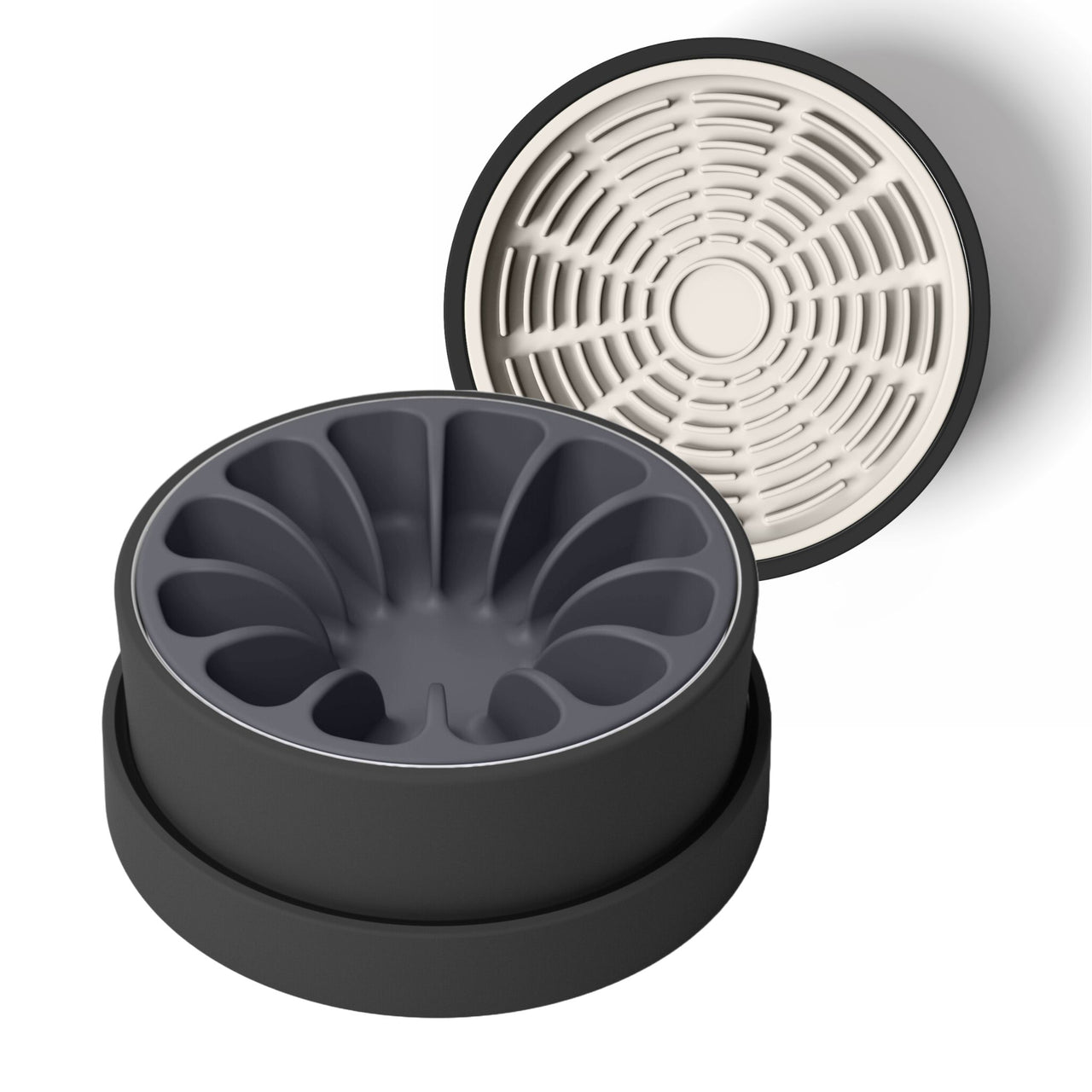 Modern black ceramic bowl for dogs and cats with gray silicone slow feeder and tan silicone lick mat