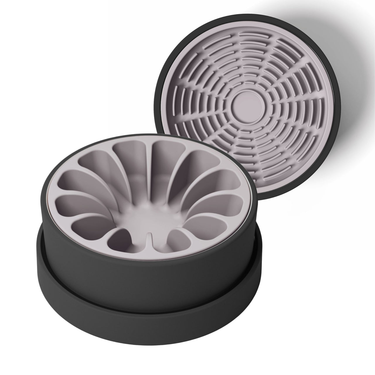 Modern black ceramic bowl for dogs and cats with lavender silicone slow feeder and lavender silicone lick mat