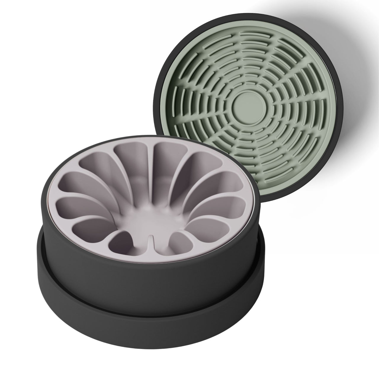 Modern black ceramic bowl for dogs and cats with lavender silicone slow feeder and green silicone lick mat