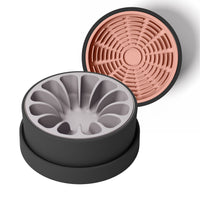 Thumbnail for Modern black ceramic bowl for dogs and cats with lavender silicone slow feeder and coral pink silicone lick mat