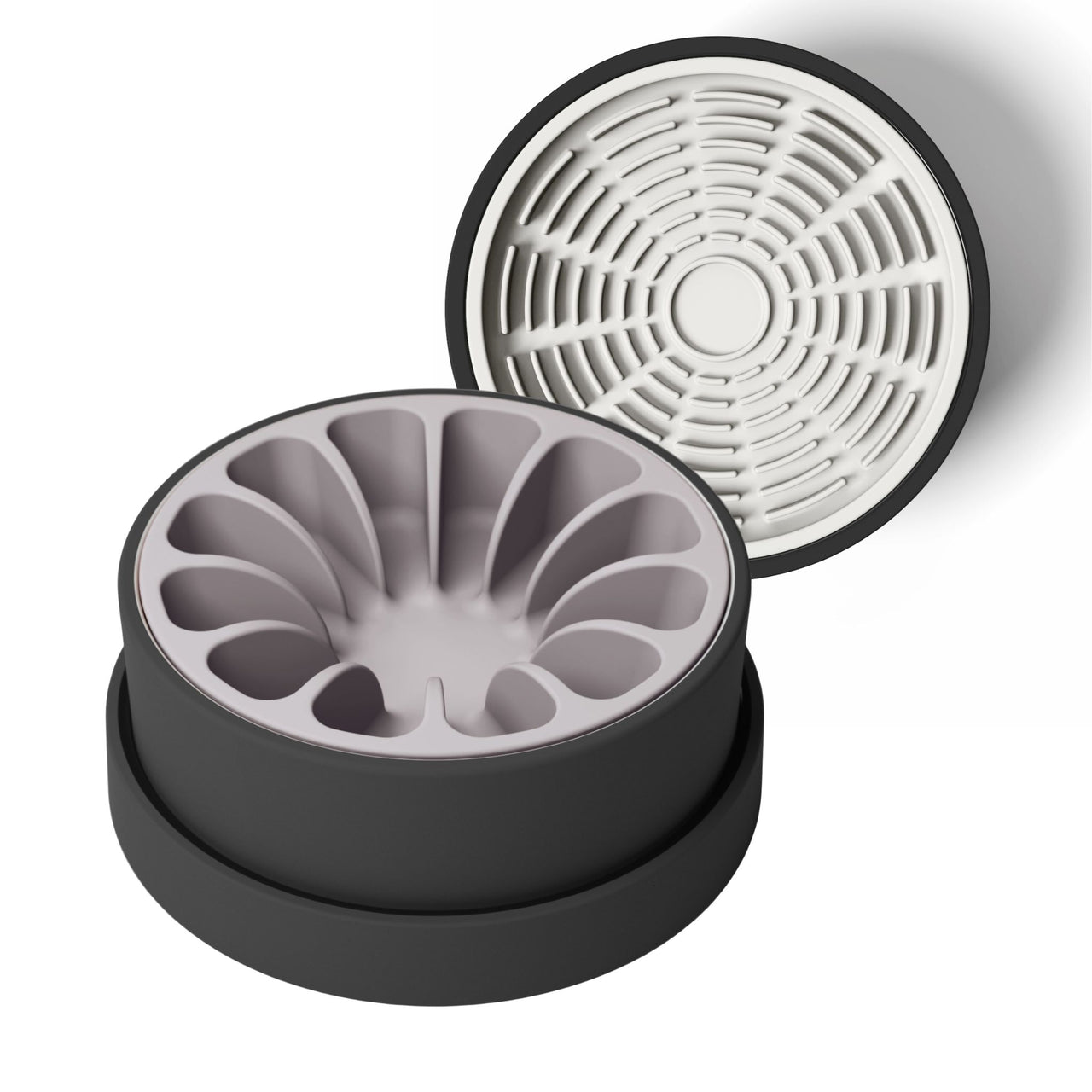 Modern black ceramic bowl for dogs and cats with lavender silicone slow feeder and white silicone lick mat