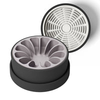 Thumbnail for Modern black ceramic bowl for dogs and cats with lavender silicone slow feeder and white silicone lick mat