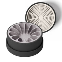 Thumbnail for Modern black ceramic bowl for dogs and cats with lavender silicone slow feeder and tan silicone lick mat