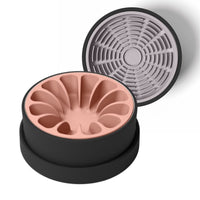 Thumbnail for Modern black ceramic bowl for dogs and cats with coral pink silicone slow feeder and lavender silicone lick mat