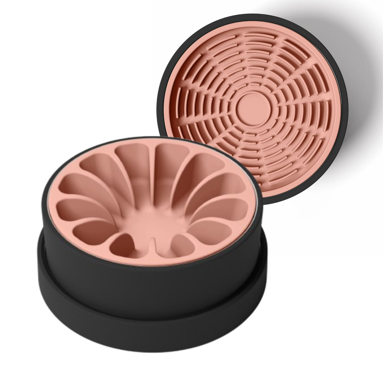 Modern black ceramic bowl for dogs and cats with coral pink silicone slow feeder and coral pink silicone lick mat