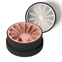 Thumbnail for Modern black ceramic bowl for dogs and cats with coral pink silicone slow feeder and tan silicone lick mat