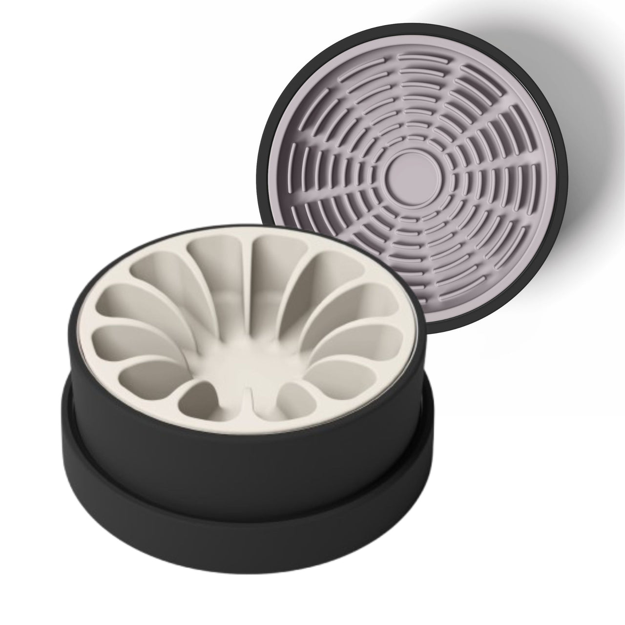 Modern black ceramic bowl for dogs and cats with tan silicone slow feeder and lavender silicone lick mat