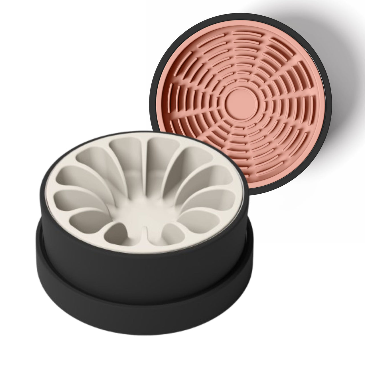 Modern black ceramic bowl for dogs and cats with tan silicone slow feeder and coral pink silicone lick mat