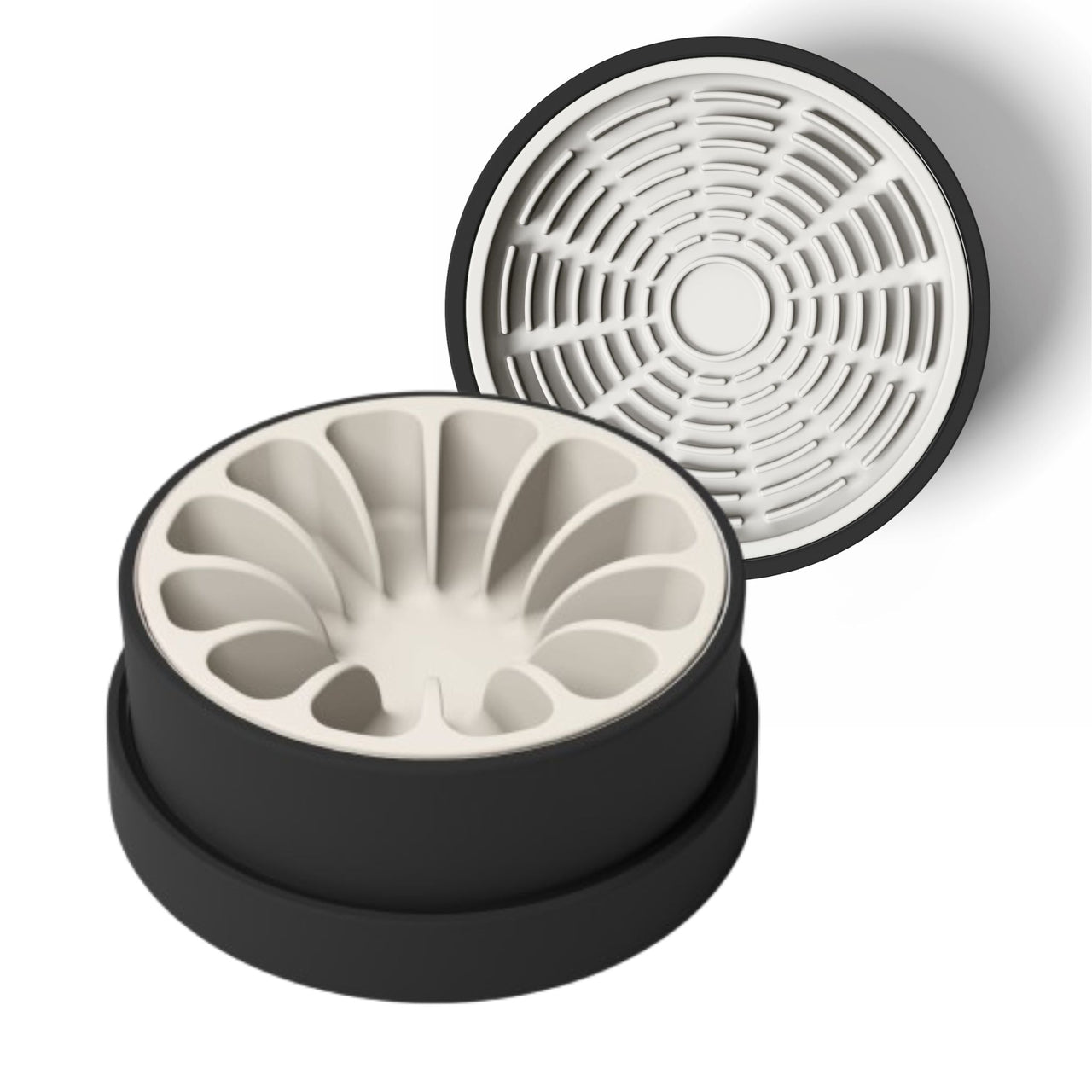 Modern black ceramic bowl for dogs and cats with tan silicone slow feeder and white silicone lick mat