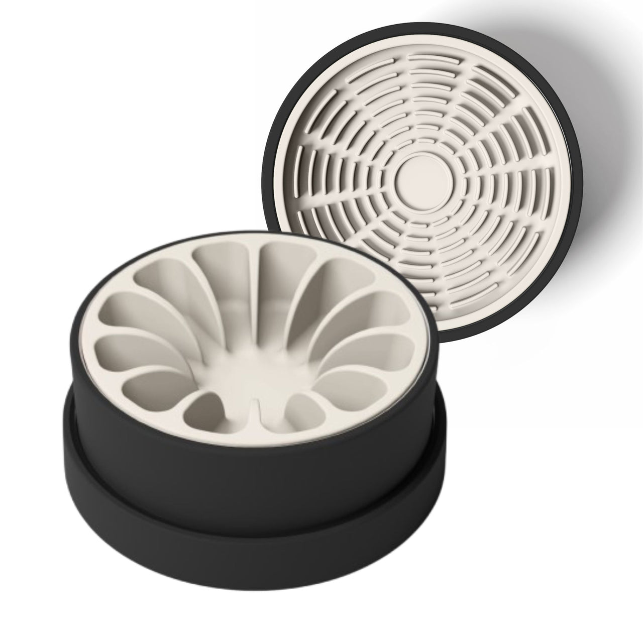 Modern black ceramic bowl for dogs and cats with tan silicone slow feeder and tan silicone lick mat