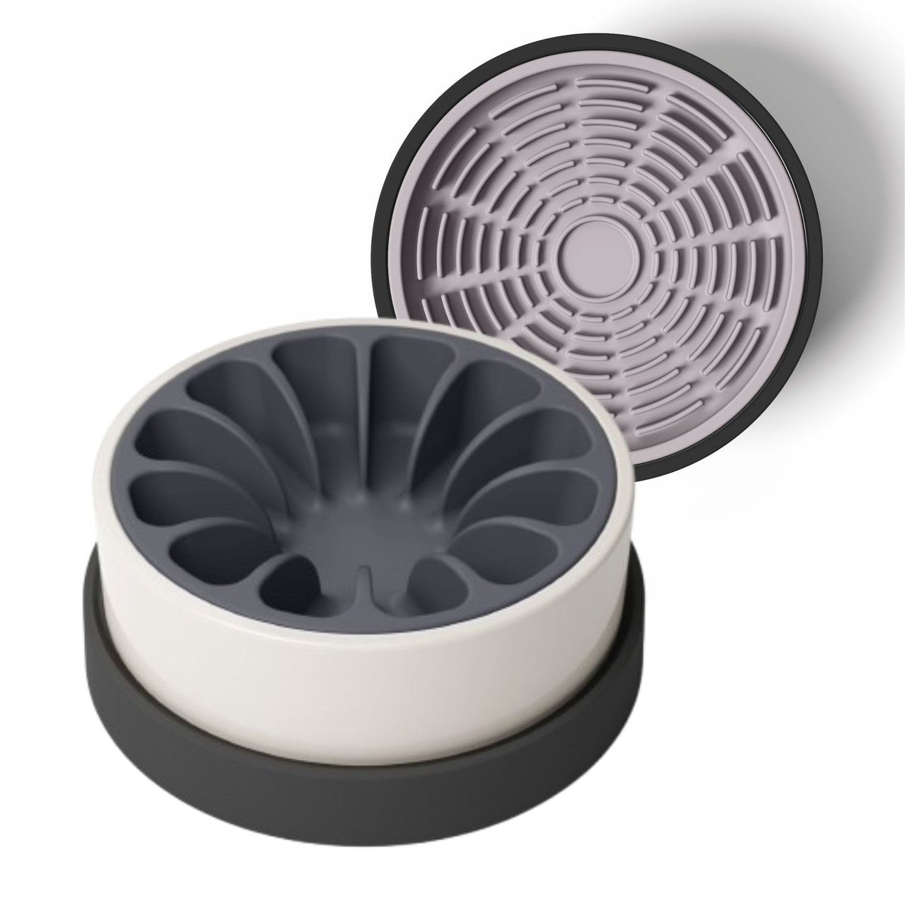 Modern white and black ceramic bowl for dogs and cats with gray silicone slow feeder and lavender silicone lick mat