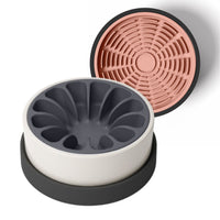 Thumbnail for Modern white and black ceramic bowl for dogs and cats with gray silicone slow feeder and coral pink silicone lick mat