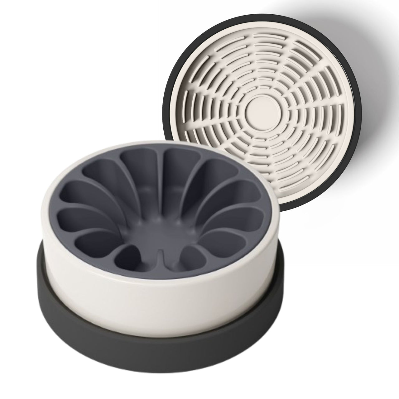 Modern white and black ceramic bowl for dogs and cats with gray silicone slow feeder and tan silicone lick mat