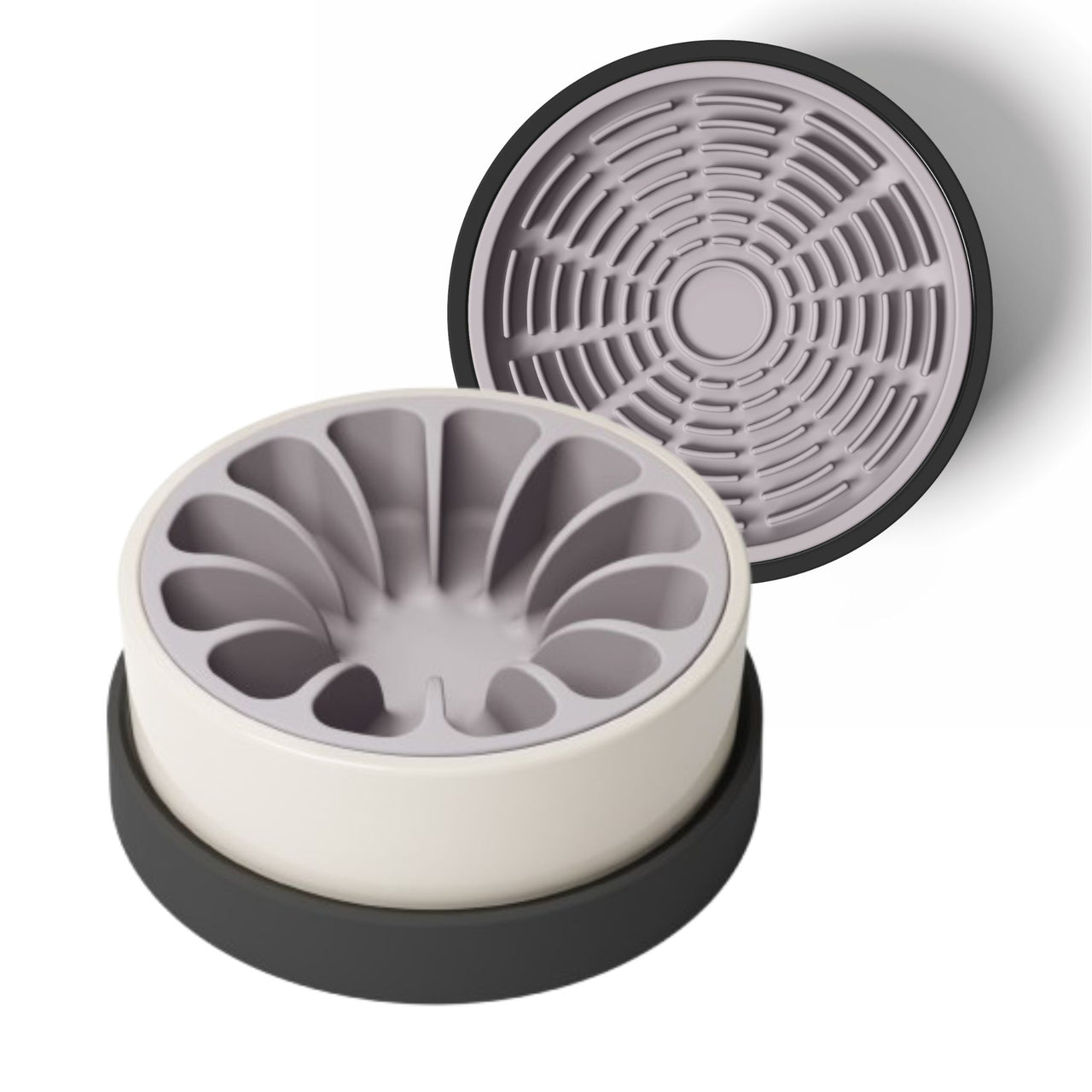 Modern white and black ceramic bowl for dogs and cats with lavender silicone slow feeder and lavender silicone lick mat