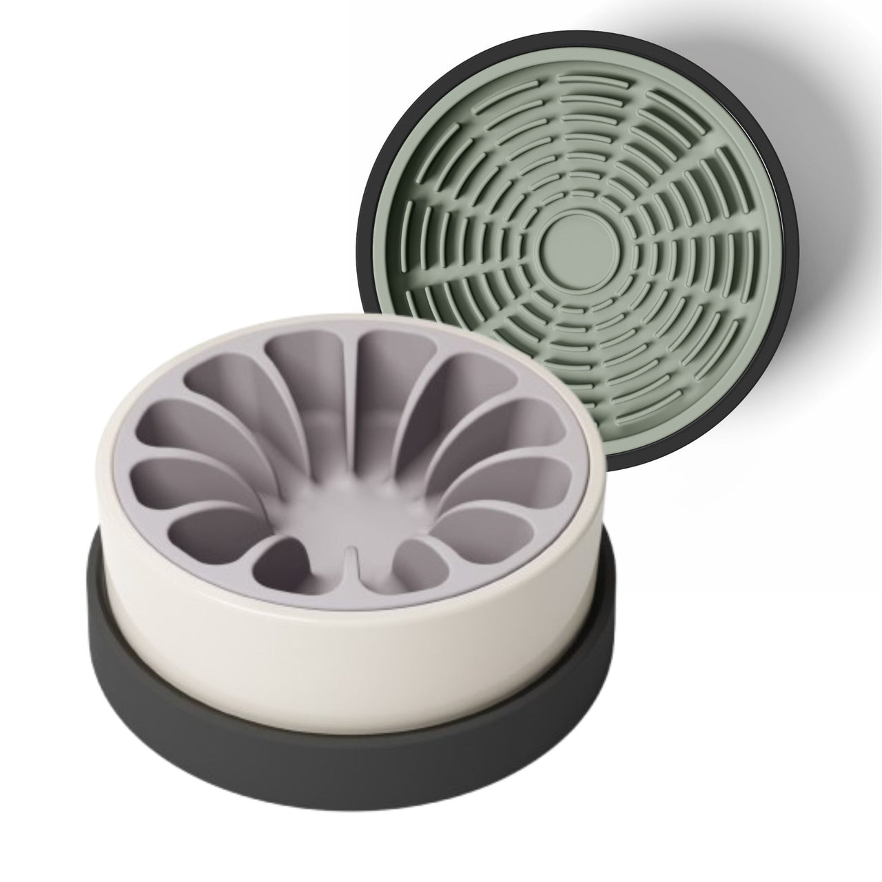 Modern white and black ceramic bowl for dogs and cats with lavender silicone slow feeder and green silicone lick mat