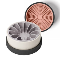 Thumbnail for Modern white and black ceramic bowl for dogs and cats with lavender silicone slow feeder and coral pink silicone lick mat