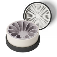 Thumbnail for Modern white and black ceramic bowl for dogs and cats with lavender silicone slow feeder and white silicone lick mat