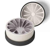 Thumbnail for Modern white and black ceramic bowl for dogs and cats with lavender silicone slow feeder and tan silicone lick mat