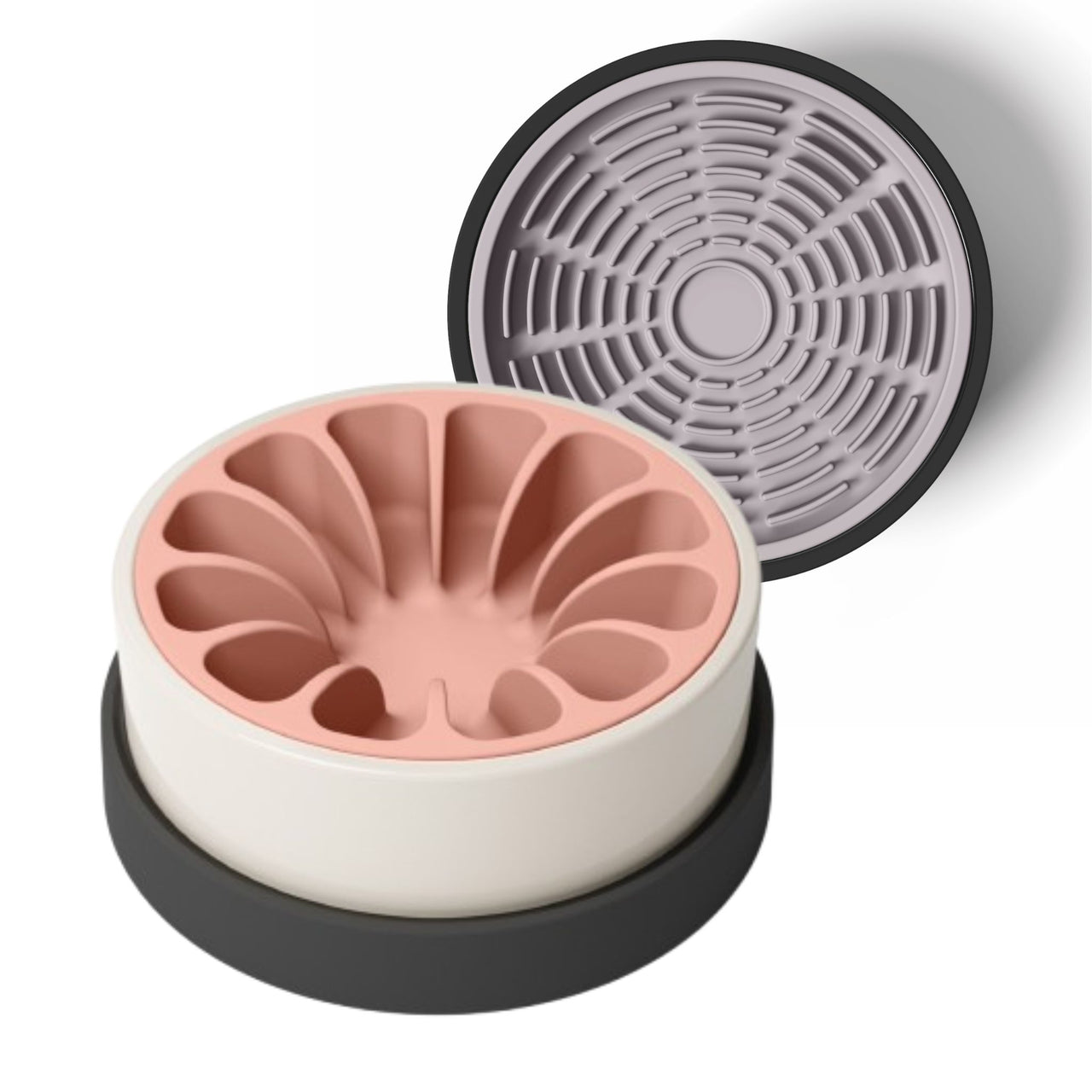 Modern white and black ceramic bowl for dogs and cats with coral pink silicone slow feeder and lavender silicone lick mat