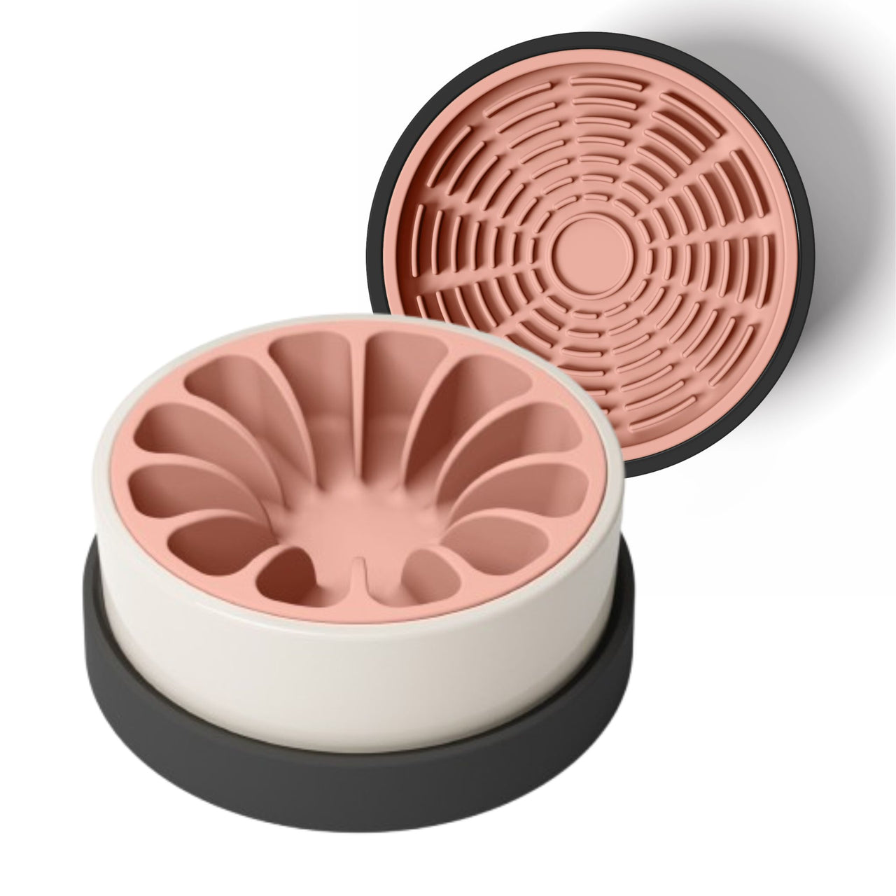 Modern white and black ceramic bowl for dogs and cats with coral pink silicone slow feeder and coral pink silicone lick mat