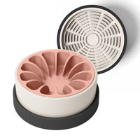 Thumbnail for Modern white and black ceramic bowl for dogs and cats with coral pink silicone slow feeder and tan silicone lick mat