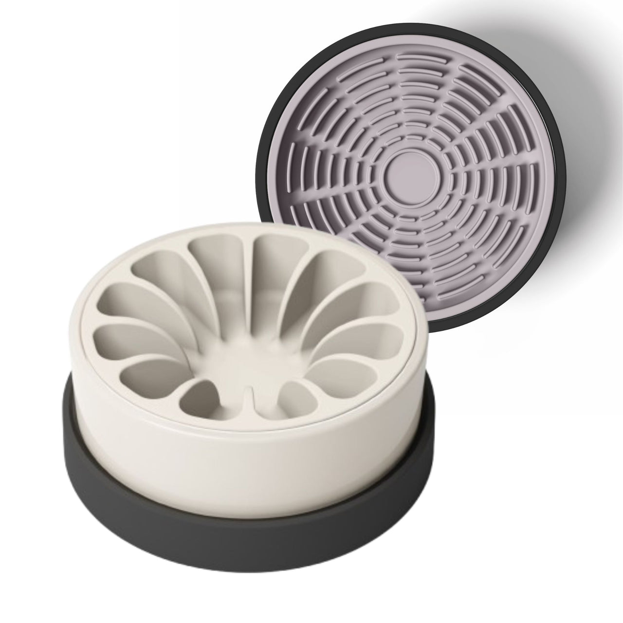 Modern white and black ceramic bowl for dogs and cats with tan silicone slow feeder and lavender silicone lick mat