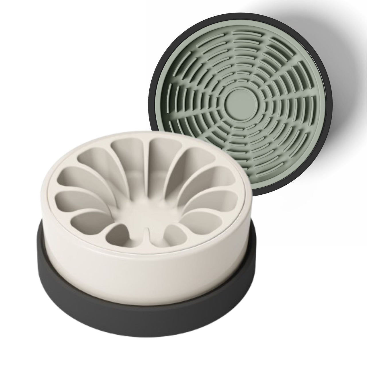 Modern white and black ceramic bowl for dogs and cats with tan silicone slow feeder and green silicone lick mat