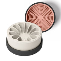Thumbnail for Modern white and black ceramic bowl for dogs and cats with tan silicone slow feeder and coral pink silicone lick mat