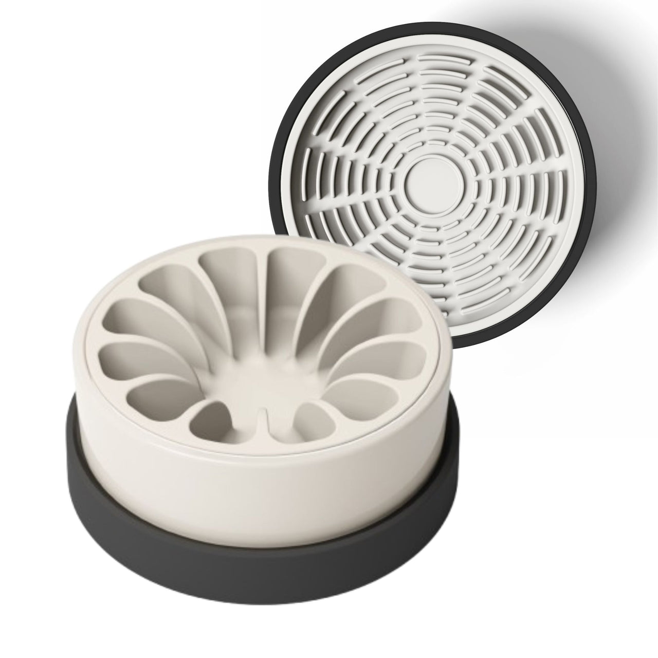Modern white and black ceramic bowl for dogs and cats with tan silicone slow feeder and white silicone lick mat