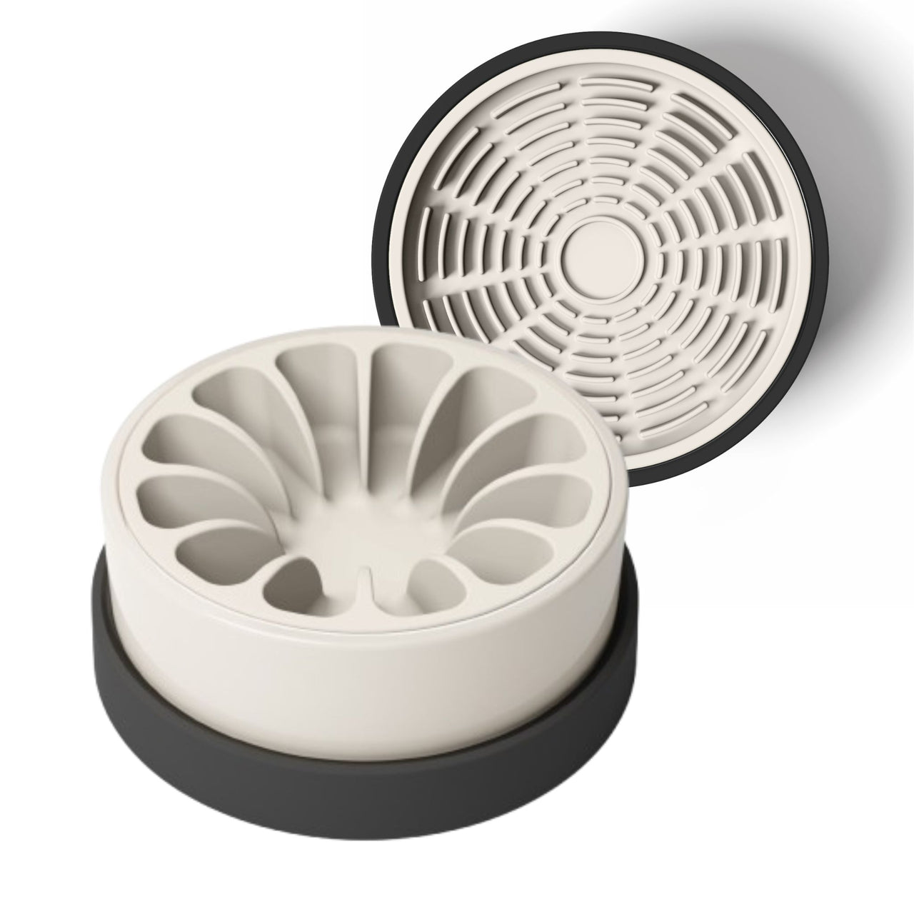 Modern white and black ceramic bowl for dogs and cats with tan silicone slow feeder and tan silicone lick mat