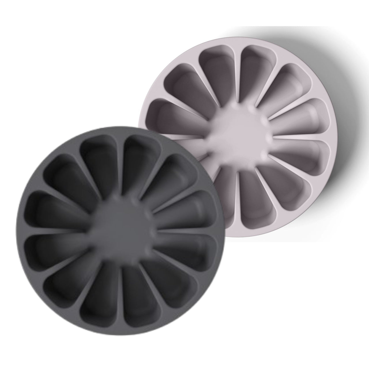 Two food-grade modern gray and lavender minimalist slow feeders in a grapefruit design for dogs 