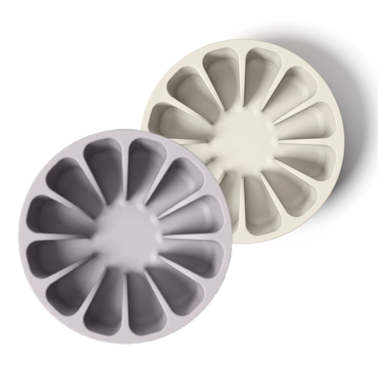 Two food-grade modern lavender and tan minimalist slow feeders in a grapefruit design for dogs 