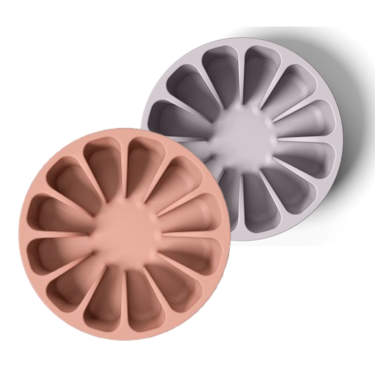 Two food-grade modern pink and lavender minimalist slow feeders in a grapefruit design for dogs 
