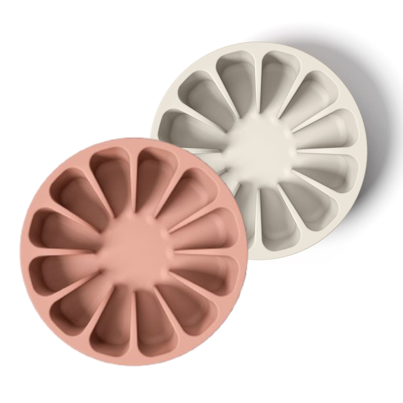 Two food-grade modern pink and tan minimalist slow feeders in a grapefruit design for dogs 